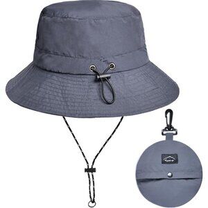Unisex Grey 100% Nylon Wide Brim Uv Protection Chin Strap Packable Bucket Hat